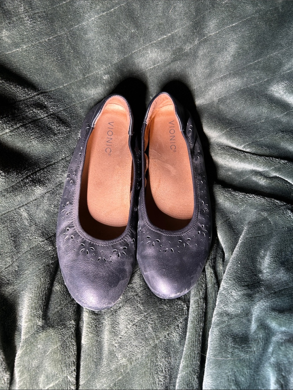 Vionic Black Ballet Flats with Perforated Detail